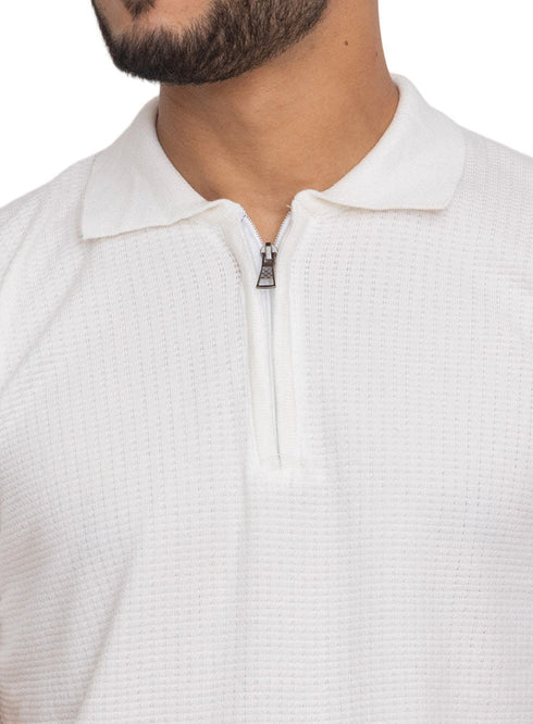 White Design 01055Knit Polo Neck Zipper - T-Shirt - Khotwh